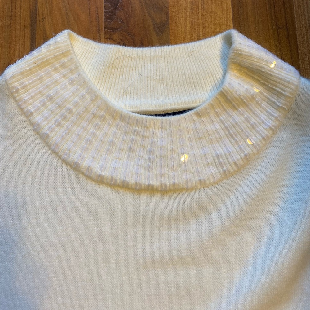 Elegant Karen Scott Mock Turtleneck Cream Pullover Sweater with Sequined Neck XL